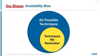 Our Biases: Availability Bias
©2019 The MITRE Corporation. ALL RIGHTS RESERVED Approved for public release. Distribution unlimited 18-1528-42.
| 17 |
All Possible
Techniques
Techniques
We
Remember
 