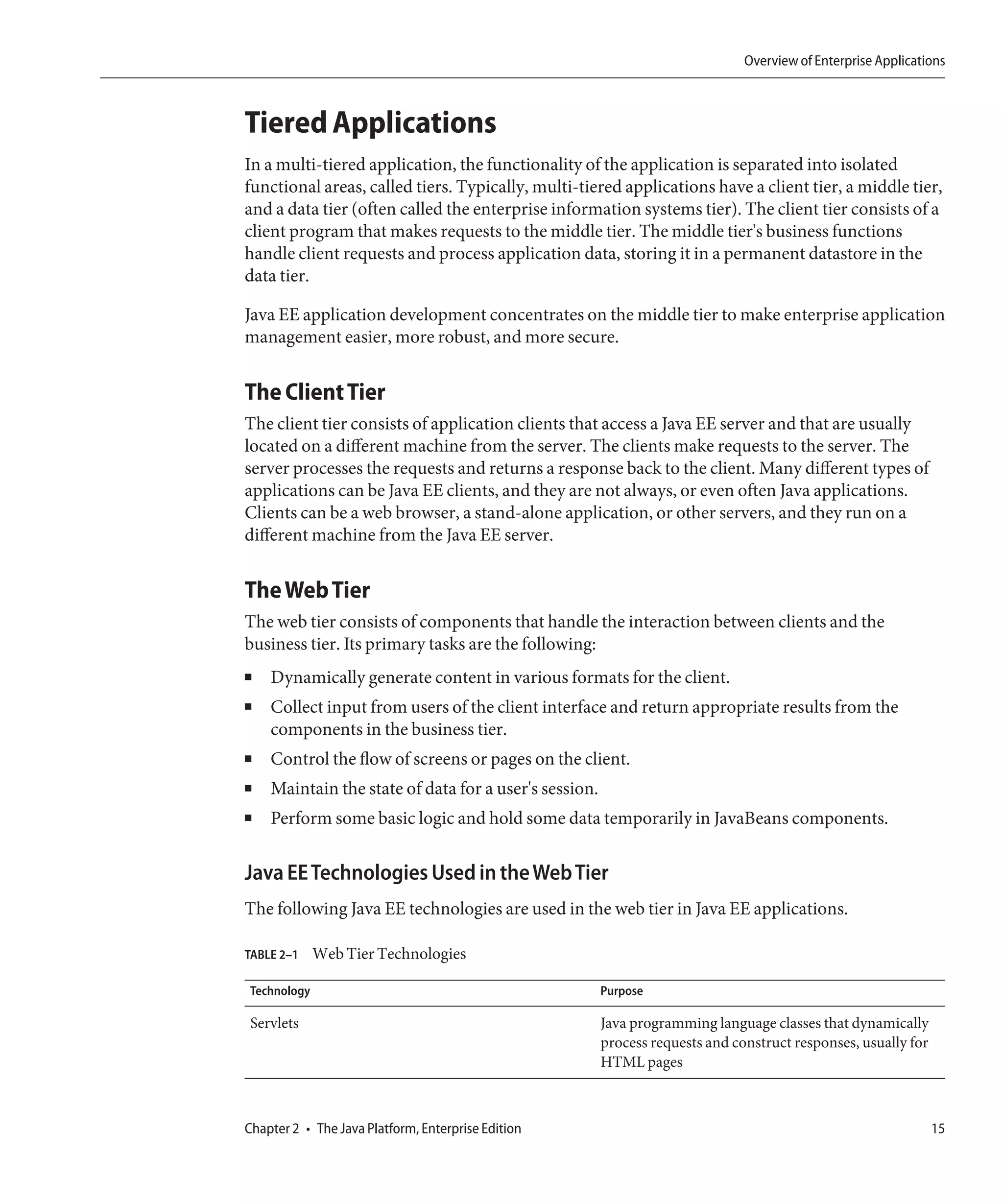 Overview of Enterprise Applications



Tiered Applications
In a multi-tiered application, the functionality of the application is separated into isolated
functional areas, called tiers. Typically, multi-tiered applications have a client tier, a middle tier,
and a data tier (often called the enterprise information systems tier). The client tier consists of a
client program that makes requests to the middle tier. The middle tier's business functions
handle client requests and process application data, storing it in a permanent datastore in the
data tier.

Java EE application development concentrates on the middle tier to make enterprise application
management easier, more robust, and more secure.


The Client Tier
The client tier consists of application clients that access a Java EE server and that are usually
located on a different machine from the server. The clients make requests to the server. The
server processes the requests and returns a response back to the client. Many different types of
applications can be Java EE clients, and they are not always, or even often Java applications.
Clients can be a web browser, a stand-alone application, or other servers, and they run on a
different machine from the Java EE server.


The Web Tier
The web tier consists of components that handle the interaction between clients and the
business tier. Its primary tasks are the following:
■   Dynamically generate content in various formats for the client.
■   Collect input from users of the client interface and return appropriate results from the
    components in the business tier.
■   Control the flow of screens or pages on the client.
■   Maintain the state of data for a user's session.
■   Perform some basic logic and hold some data temporarily in JavaBeans components.


Java EE Technologies Used in the Web Tier
The following Java EE technologies are used in the web tier in Java EE applications.

TABLE 2–1    Web Tier Technologies

Technology                                             Purpose

Servlets                                               Java programming language classes that dynamically
                                                       process requests and construct responses, usually for
                                                       HTML pages



Chapter 2 • The Java Platform, Enterprise Edition                                                              15
 