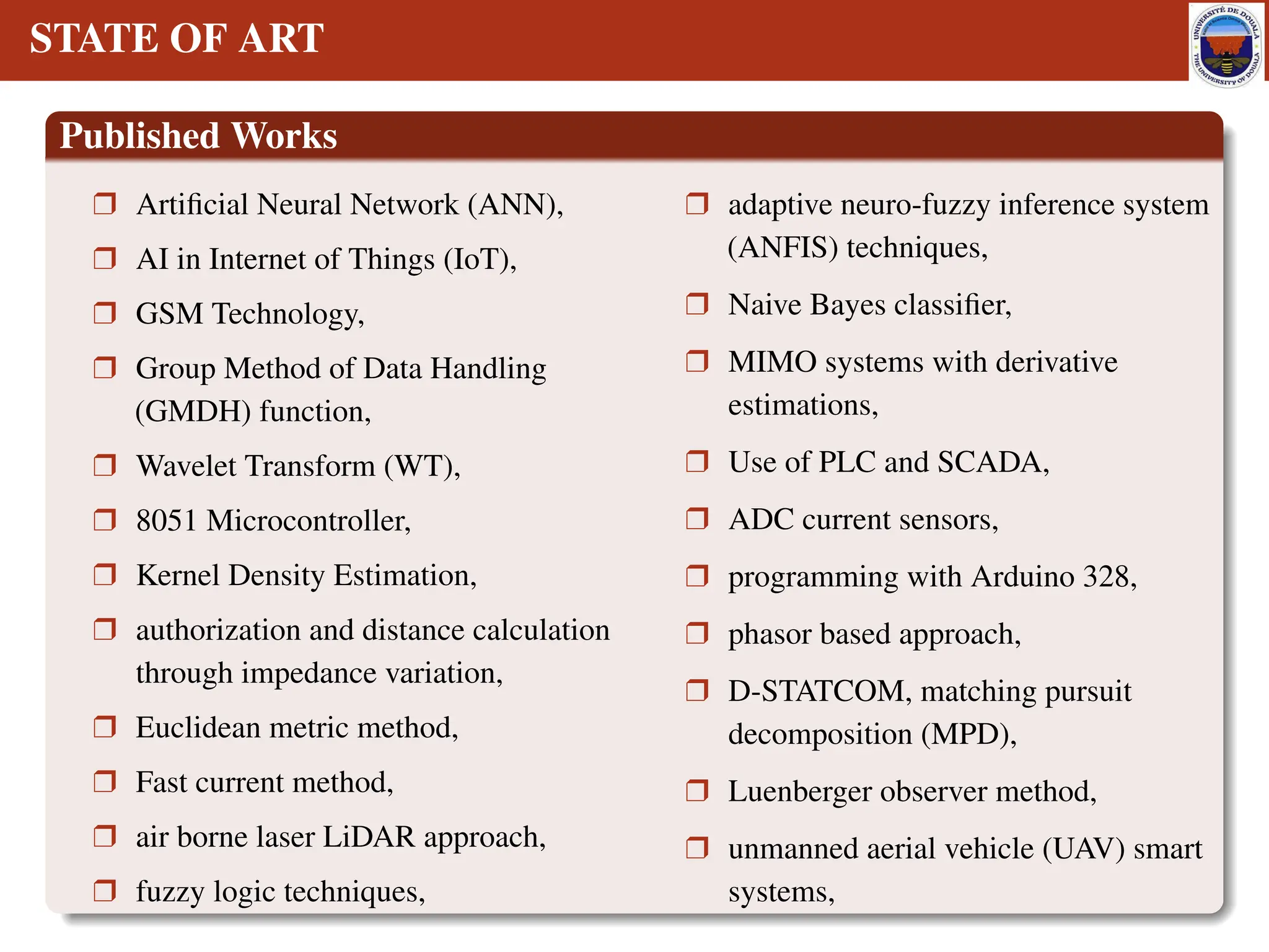 STATE OF ART
Published Works
r Artificial Neural Network (ANN),
r AI in Internet of Things (IoT),
r GSM Technology,
r Group Method of Data Handling
(GMDH) function,
r Wavelet Transform (WT),
r 8051 Microcontroller,
r Kernel Density Estimation,
r authorization and distance calculation
through impedance variation,
r Euclidean metric method,
r Fast current method,
r air borne laser LiDAR approach,
r fuzzy logic techniques,
r adaptive neuro-fuzzy inference system
(ANFIS) techniques,
r Naive Bayes classifier,
r MIMO systems with derivative
estimations,
r Use of PLC and SCADA,
r ADC current sensors,
r programming with Arduino 328,
r phasor based approach,
r D-STATCOM, matching pursuit
decomposition (MPD),
r Luenberger observer method,
r unmanned aerial vehicle (UAV) smart
systems,
 