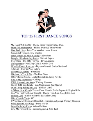 TOP 25 FIRST DANCE SONGS
My Heart Will Go On - Theme From Titanic Celine Dion
From This Moment On - Shania Twain & Brian White
How Do I Live - Trica Yearwood or Leann Rimes
Wonderful Tonight - Eric Clapton
I Don’t Want To Miss A Thing - Aerosmith
Tonight I Celebrate My Love - Flack & Bryson
Everything I Do, I Do For You - Bryan Adams
Unforgettable - Nat King Cole & Natalie Cole
I Finally Found Someone - Bryan Adams & Barbra Streisand
After All - Cher & Peter Cetera
Love Of A Lifetime - Firehouse
I Believe In You & Me - The Four Tops
I Don’t Know Much - Linda Ronstadt & Aaron Neville
You’re My Inspiration - Chicago
I Will Always Love You - Whitney Houston
Have I Told You Lately - Van Morrison or Rod Stewart
I Can’t Help Falling In Love - Elvis or UB40
A Whole New World - Theme From Aladdin Peebo Bryson & Regina Belle
Can You Feel The Love Tonight - Theme From Lion King Elton John
Endless Love - Luther Vandross & Mariah Carey
I Do (Cherish You) - 98o
If You Say My Eyes Are Beautiful - Jermaine Jackson & Whitney Houston
Wind Beneath My Wings - Bette Midler
Beautiful In My Eyes - Joshua Kadison
Give Me Forever I Do - James Ingram & John Tesh

 