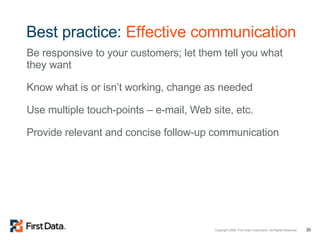 Best practice:  Effective communication Be responsive to your customers; let them tell you what they want Know what is or isn’t working, change as needed Use multiple touch-points – e-mail, Web site, etc. Provide relevant and concise follow-up communication 