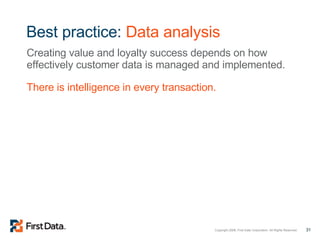 Best practice:  Data analysis Creating value and loyalty success depends on how effectively customer data is managed and implemented. There is intelligence in every transaction. 