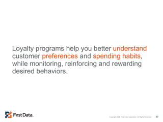 Loyalty programs help you better  understand  customer  preferences  and  spending habits , while monitoring, reinforcing and rewarding desired behaviors. 