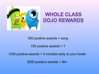 500 positive awards = song
750 positive awards = ?
1250 positive awards = 5 minutes early to your break.
2000 positive awards = film
 