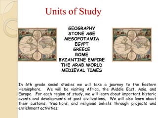 Units of Study
GEOGRAPHY
STONE AGE
MESOPOTAMIA
EGYPT
GREECE
ROME
BYZANTINE EMPIRE
THE ARAB WORLD
MEDIEVAL TIMES
In 6th grade social studies we will take a journey to the Eastern
Hemisphere. We will be visiting Africa, the Middle East, Asia, and
Europe. For each region of study, we will learn about important historic
events and developments of past civilizations. We will also learn about
their customs, traditions, and religious beliefs through projects and
enrichment activities.
 