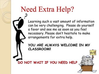 Need Extra Help?
Learning such a vast amount of information
can be very challenging. Please do yourself
a favor and see me as soon as you feel
necessary. Please don’t hesitate to make
arrangements for extra help.
YOU ARE ALWAYS WELCOME IN MY
CLASSROOM!!
 