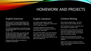 HOMEWORK AND PROJECTS
English Grammar
Most work will involve identifying parts
of language, correcting their usage, and
editing for grammar based on that day’s
lessons.
You will be expected to remember things
you learned earlier. This is not a “test and
forget” class.
By the end of this class, you will be able
to identify all parts of speech, types of
phrases, sentence constructs, voice,
mood, and mode indicators, and to use
them correctly in your own written works.
Projects will be editing a single text
sample for grammar.
English Literature
You will be expected to read the
assigned works – Cliff/Spark notes won’t
cut it. I read those, too.
A sample reading from each major
movement and an analysis of it will be
part of your final grade.
For your final project, you may choose a
work from any non-romance source to
read, analyze, critique, and report on.
Your source must be approved by me no
later than week four.
Creative Writing
Don’t bother plagiarizing – you’ll be
doing most of your writing in class.
Don’t attempt to write a novel for your
final project. A novella is fine.
Most of your work will involve writing
around an assigned theme, setting, or
tone. If you have trouble, let me know
and I can offer you advice.
Drafts of your final project must be
turned in periodically as specified in the
syllabus.
Again, don’t try for a novel. I’ve done
that. It’s something that takes more than
a year to do right!
 