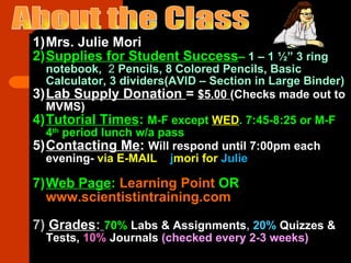 About the Class Mrs. Julie Mori Supplies for Student Success –  1 – 1 ½ ” 3 ring notebook,  2  Pencils, 8 Colored Pencils, Basic Calculator, 3 dividers(AVID – Section in Large Binder) Lab Supply Donation  =  $5.00  (Checks made out to MVMS) Tutorial Times :  M-F except  WED . 7:45-8:25 or M-F 4 th  period lunch w/a pass Contacting Me :  Will respond until 7:00pm each evening-  via E-MAIL  j mori for  Julie Web Page :  Learning Point  OR  www.scientistintraining.com   7)  Grades :   70%   Labs & Assignments ,  20%  Quizzes & Tests,   10%   Journals   (checked every 2-3 weeks) 
