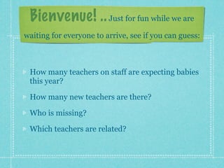 Bienvenue! .. Just for fun while we are
waiting for everyone to arrive, see if you can guess:



 How many teachers on staff are expecting babies
 this year?

 How many new teachers are there?

 Who is missing?

 Which teachers are related?
 