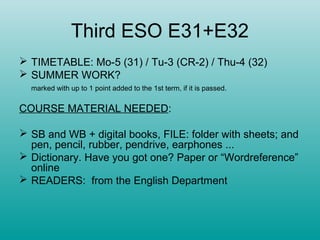 Third ESO E31+E32
 TIMETABLE: Mo-5 (31) / Tu-3 (CR-2) / Thu-4 (32)
 SUMMER WORK?
  marked with up to 1 point added to the 1st term, if it is passed.


COURSE MATERIAL NEEDED:

 SB and WB + digital books, FILE: folder with sheets; and
  pen, pencil, rubber, pendrive, earphones ...
 Dictionary. Have you got one? Paper or “Wordreference”
  online
 READERS: from the English Department
 