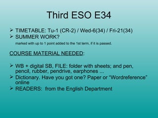 Third ESO E34
 TIMETABLE: Tu-1 (CR-2) / Wed-6(34) / Fri-21(34)
 SUMMER WORK?
  marked with up to 1 point added to the 1st term, if it is passed.


COURSE MATERIAL NEEDED:

 WB + digital SB, FILE: folder with sheets; and pen,
  pencil, rubber, pendrive, earphones ...
 Dictionary. Have you got one? Paper or “Wordreference”
  online
 READERS: from the English Department
 