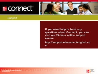 If you need help or have any questions about Connect, you can visit our 24-hour online support center: http://support.mhconnectenglish.com Support © The McGraw-Hill Companies (SUMMER 2009) 