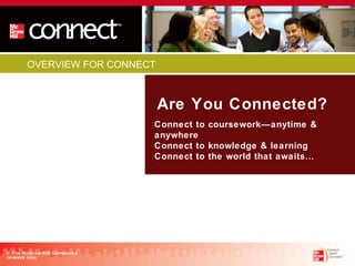 Are You Connected? Connect to coursework—anytime & anywhere  Connect to knowledge & learning  Connect to the world that awaits… OVERVIEW FOR CONNECT © The McGraw-Hill Companies (SUMMER 2009) 