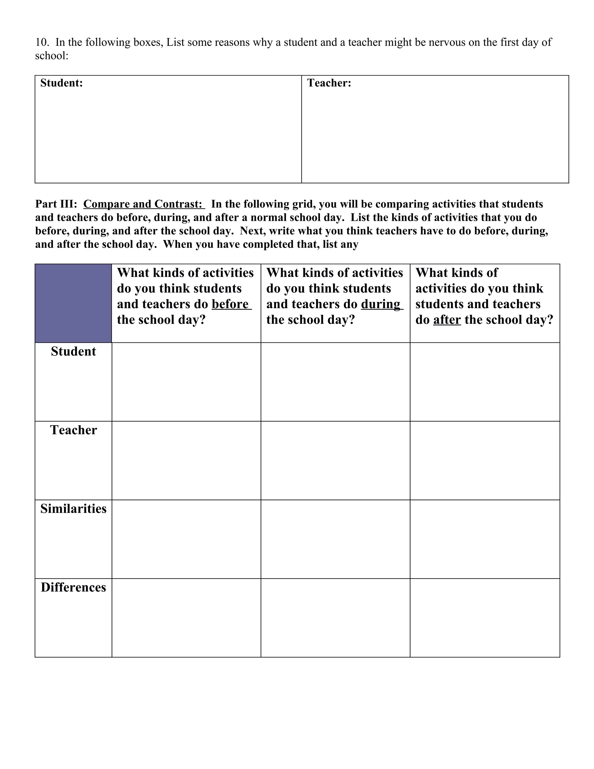 10. In the following boxes, List some reasons why a student and a teacher might be nervous on the first day of
school:

 Student:                                                Teacher:




Part III: Compare and Contrast: In the following grid, you will be comparing activities that students
and teachers do before, during, and after a normal school day. List the kinds of activities that you do
before, during, and after the school day. Next, write what you think teachers have to do before, during,
and after the school day. When you have completed that, list any

                 What kinds of activities        What kinds of activities        What kinds of
                 do you think students           do you think students           activities do you think
                 and teachers do before          and teachers do during          students and teachers
                 the school day?                 the school day?                 do after the school day?

   Student




   Teacher




 Similarities




 Differences
 