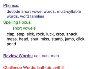 Phonics: decode short vowel words, multi-syllable words, word families Spelling Focus: short vowels clap, step, sick, rock, luck, crop, snack, mess, head, shut, miss, stamp, jump, click, pond Review Words:  cat, can, man Challenge Words: bathtub, anthill 