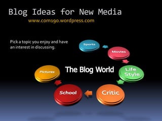 Sports Blog Ideas for New Media www.com190.wordpress.com Movies Pick a topic you enjoy and have an interest in discussing. LifeStyle Pictures The Blog World Critic School 
