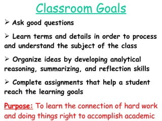 Classroom Goals Ask good questions Learn terms and details in order to process and understand the subject of the class Organize ideas by developing analytical reasoning, summarizing, and reflection skills Complete assignments that help a student reach the learning goals Purpose:  To learn the connection of hard work and doing things right to accomplish academic goals.   