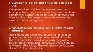  Custodian (2)-(all periods)(1 ticket per person per
day)
One person is responsible for sweeping classroom
floors prior to leaving class and making sure that there
is no trash or supplies left on the floor or otherwise out
of place. The other person is responsible for dusting
classroom surfaces regularly.
 Paper Managers (2)-(all periods) (1 ticket for each
instance)
These individuals will be responsible for handing out
graded papers and any materials I need distributed.
They will check the period folder daily for graded
papers (after completing their bellwork) and hand out
any items in the folder. They will return work for absent
students to the period folder.
 