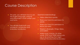 Course Description
 This year, you will learn how to use
the English language correctly
and effectively in both written and
oral forms.
 You will also build both your
academic vocabulary and
everyday vocabulary.
Essential Understandings:
 Follow directions quickly.
 Raise your hand for permission to
speak.
 Raise your hand for permission to
leave your seat.
 Respect all people, things, ideas,
and beliefs.
 Make smart choices. (In other
words, STOP and THINK before you
say or do anything that might
interrupt the educational process.)
 