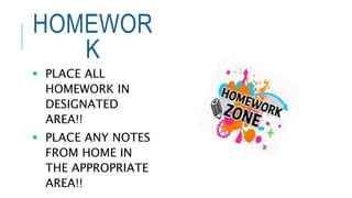 HOMEWOR
K
 PLACE ALL
HOMEWORK IN
DESIGNATED
AREA!!
 PLACE ANY NOTES
FROM HOME IN
THE APPROPRIATE
AREA!!
 