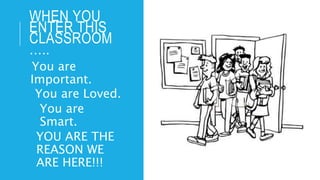 WHEN YOU
ENTER THIS
CLASSROOM
…..
You are
Important.
You are Loved.
You are
Smart.
YOU ARE THE
REASON WE
ARE HERE!!!
 