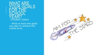 WHAT ARE
YOUR GOALS
FOR THE
SCHOOL
YEAR?STUDENT GOALS
o- Write at least two goals
you plan to achieve this
school term.
 