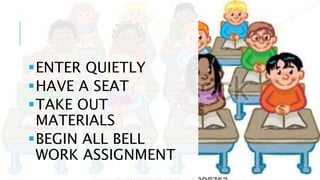 ENTER QUIETLY
HAVE A SEAT
TAKE OUT
MATERIALS
BEGIN ALL BELL
WORK ASSIGNMENT
 