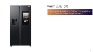 2
2
WHAT IS AN IOT?
S ta r t w i t h a d e v i c e ( a “ t h i n g ” ) - - - a ny t h i n g
b e s i d e a t ra d i ti o n a l c o m p u t e r
 