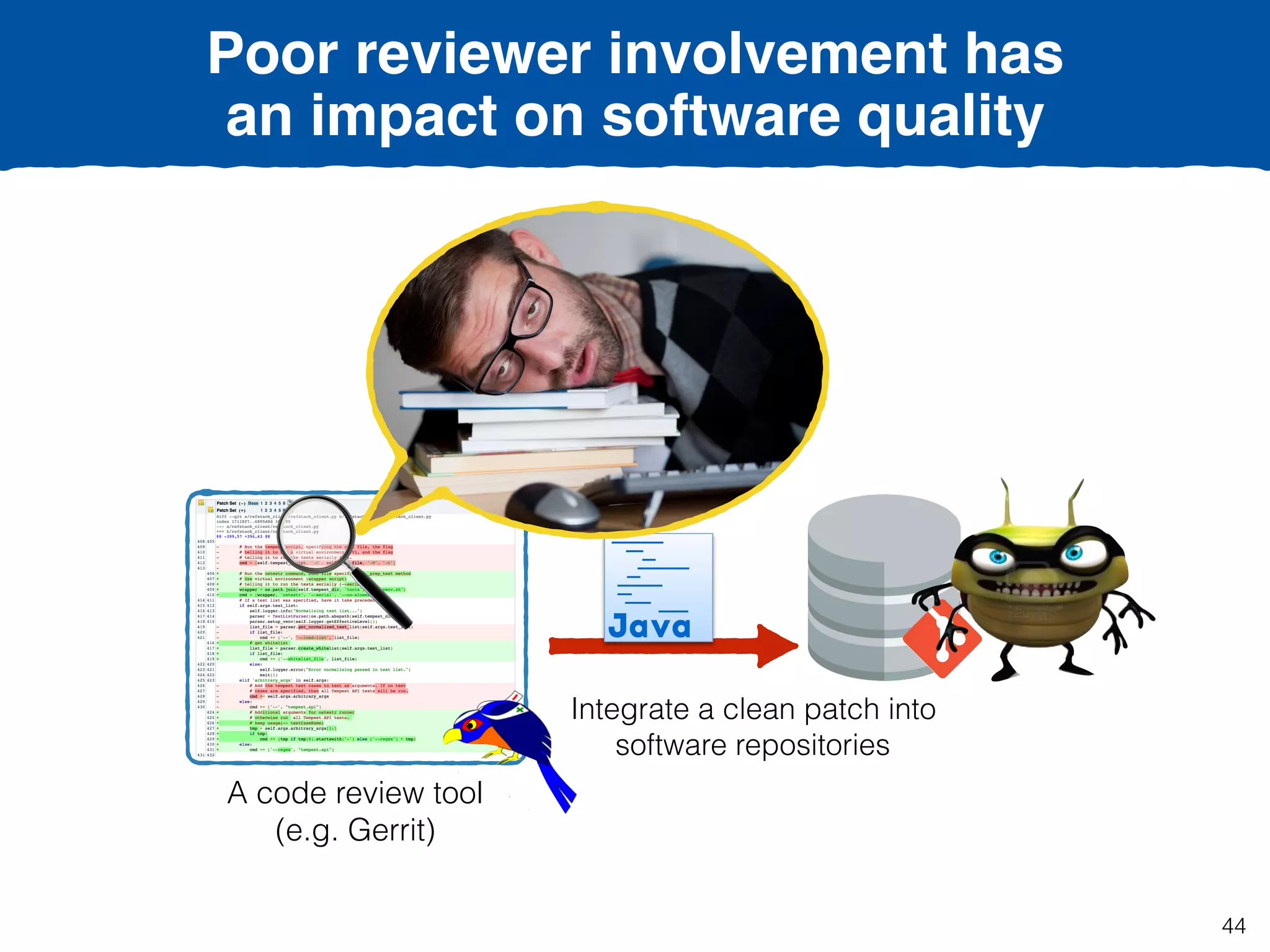 A code review tool
(e.g. Gerrit)
Poor reviewer involvement has
an impact on software quality
Integrate a clean patch into
software repositories
44
 