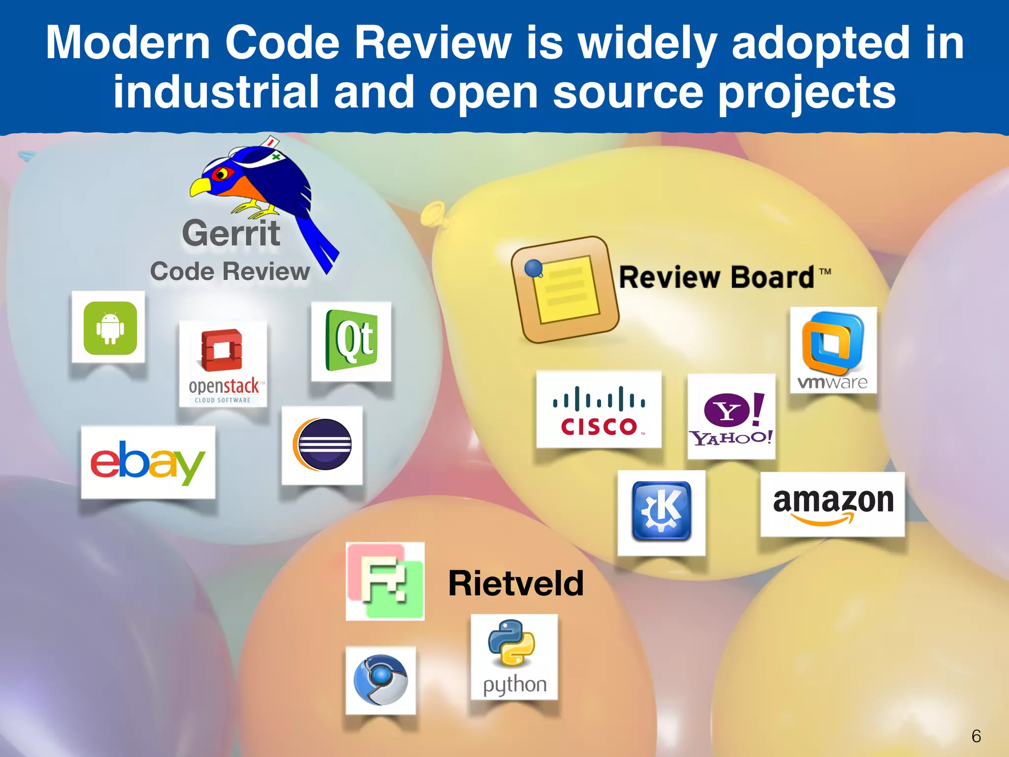 Gerrit
Code Review
Rietveld
Modern Code Review is widely adopted in
industrial and open source projects
6
 