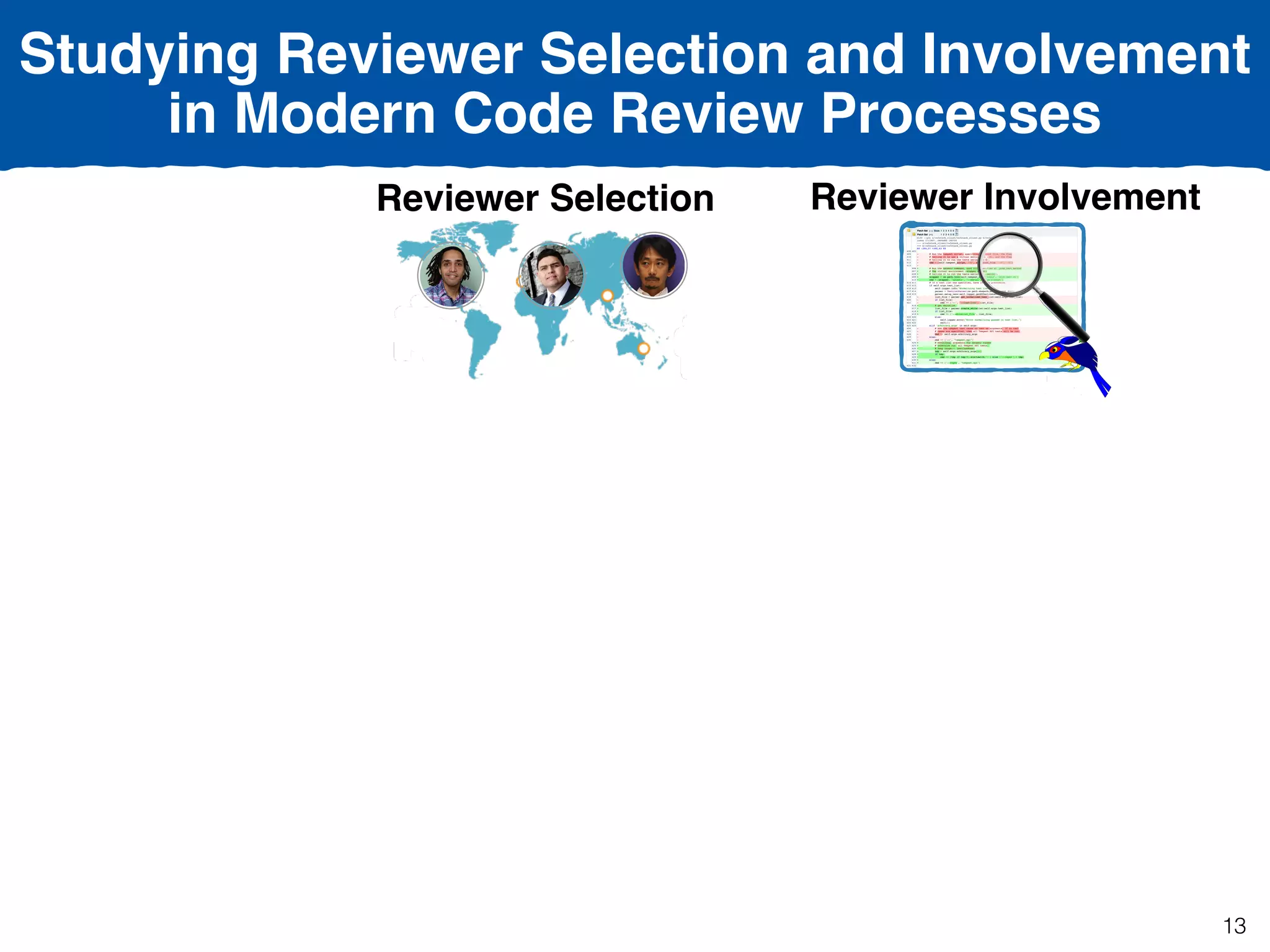 Studying Reviewer Selection and Involvement
in Modern Code Review Processes
Reviewer Selection Reviewer Involvement
13
 