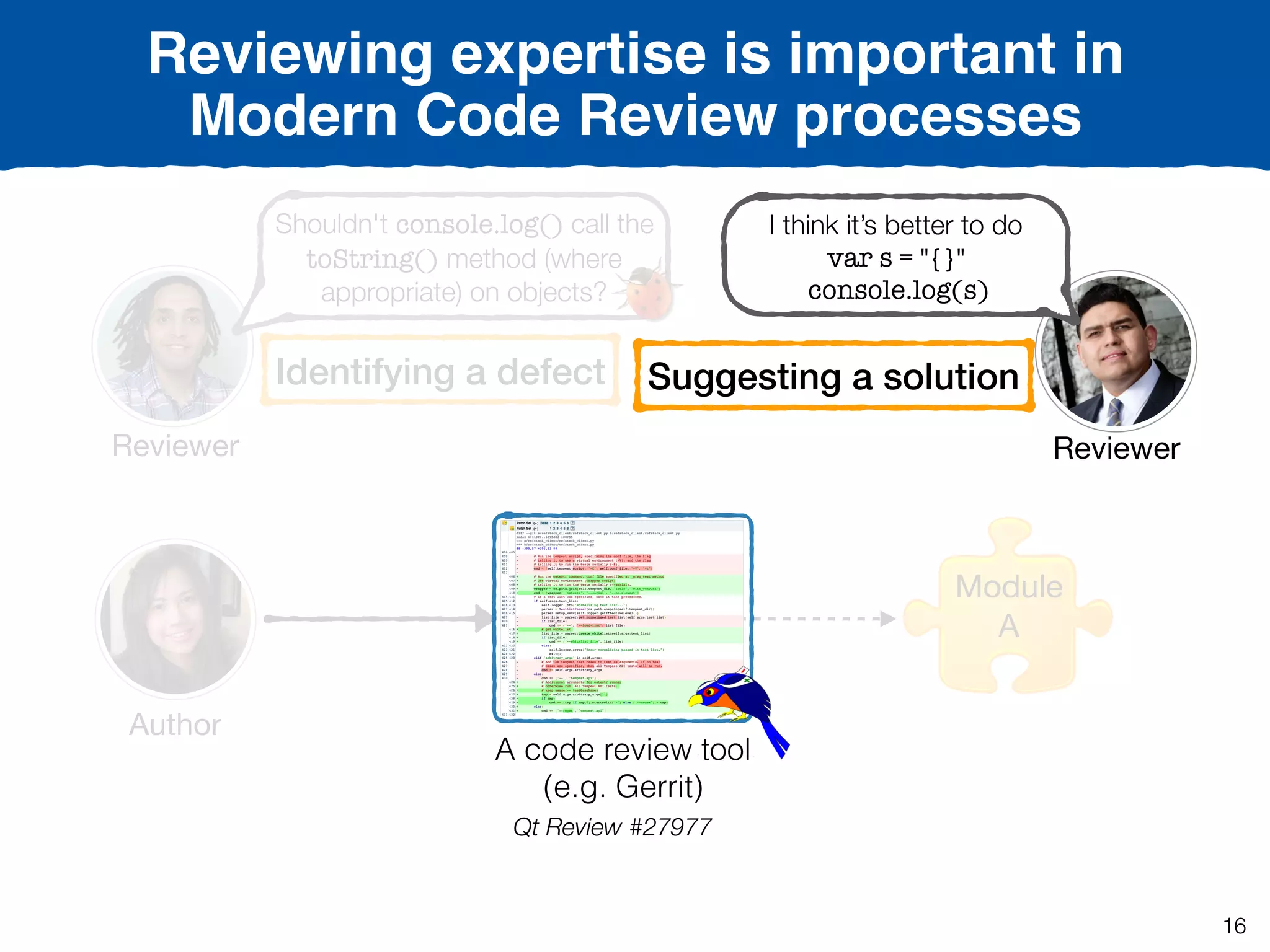 16
Reviewing expertise is important in
Modern Code Review processes
Module

A
Qt Review #27977
Author
A code review tool
(e.g. Gerrit)
Reviewer
Shouldn't console.log() call the
toString() method (where
appropriate) on objects?
Identifying a defect
Reviewer
I think it’s better to do
var s = "{}"
console.log(s)
Suggesting a solution
 