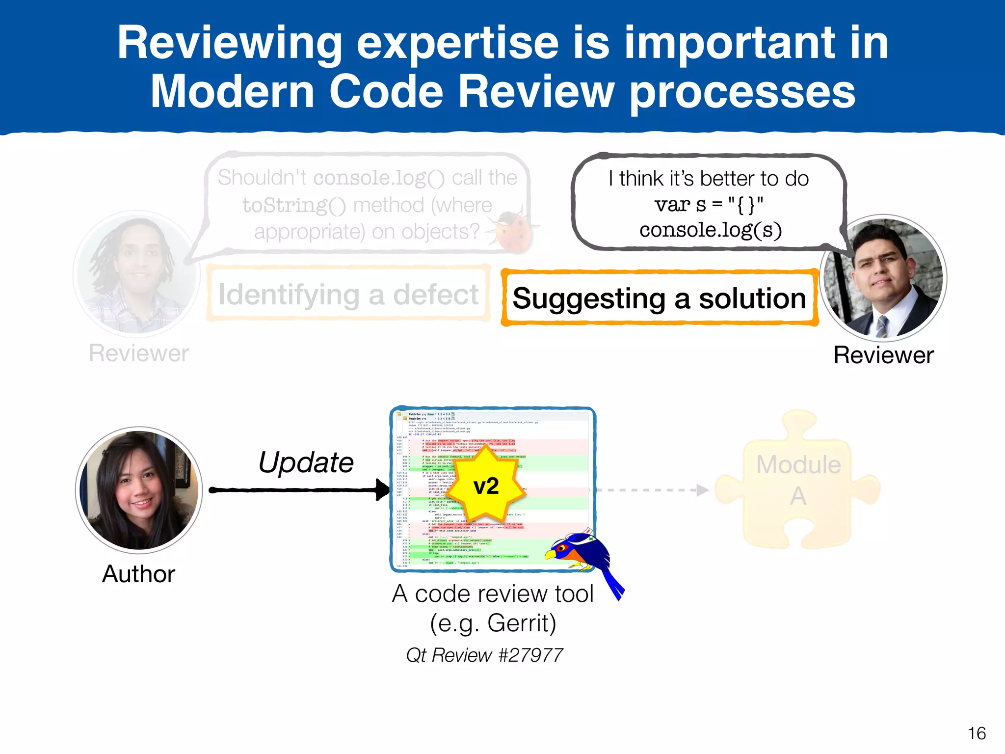 16
Reviewing expertise is important in
Modern Code Review processes
Module

A
Qt Review #27977
Author
Update
A code review tool
(e.g. Gerrit)
Reviewer
Shouldn't console.log() call the
toString() method (where
appropriate) on objects?
Identifying a defect
Reviewer
I think it’s better to do
var s = "{}"
console.log(s)
Suggesting a solution
v2
 