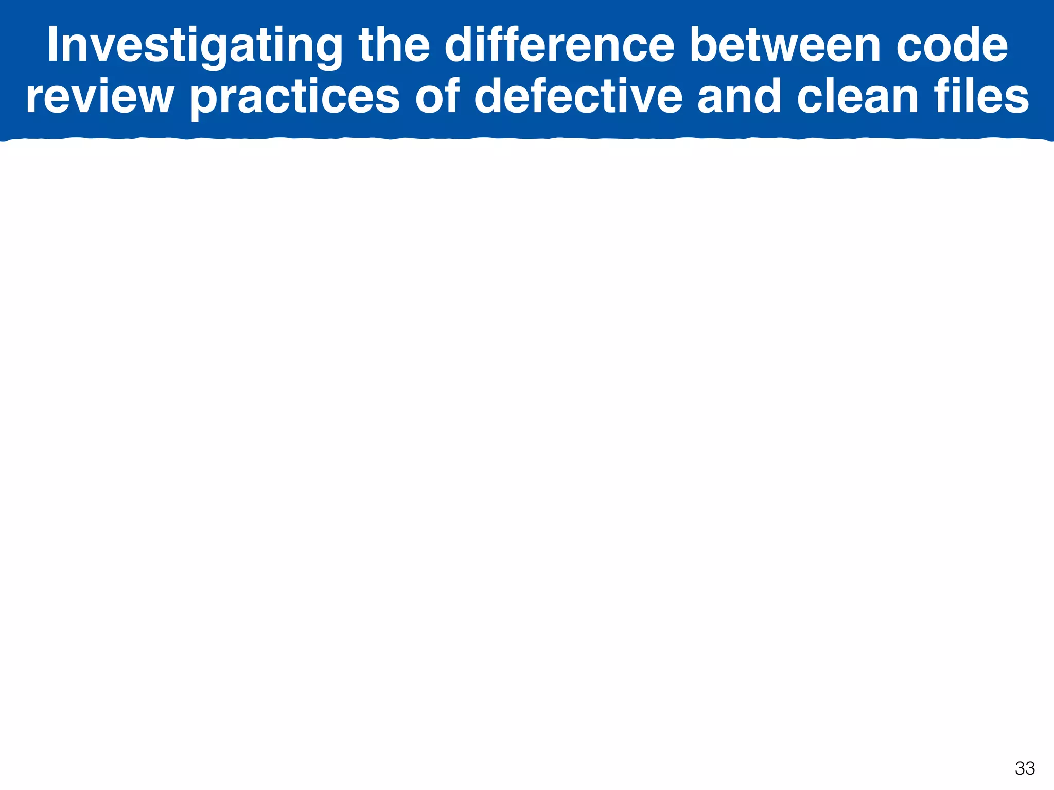 Investigating the difference between code
review practices of defective and clean ﬁles
33
 