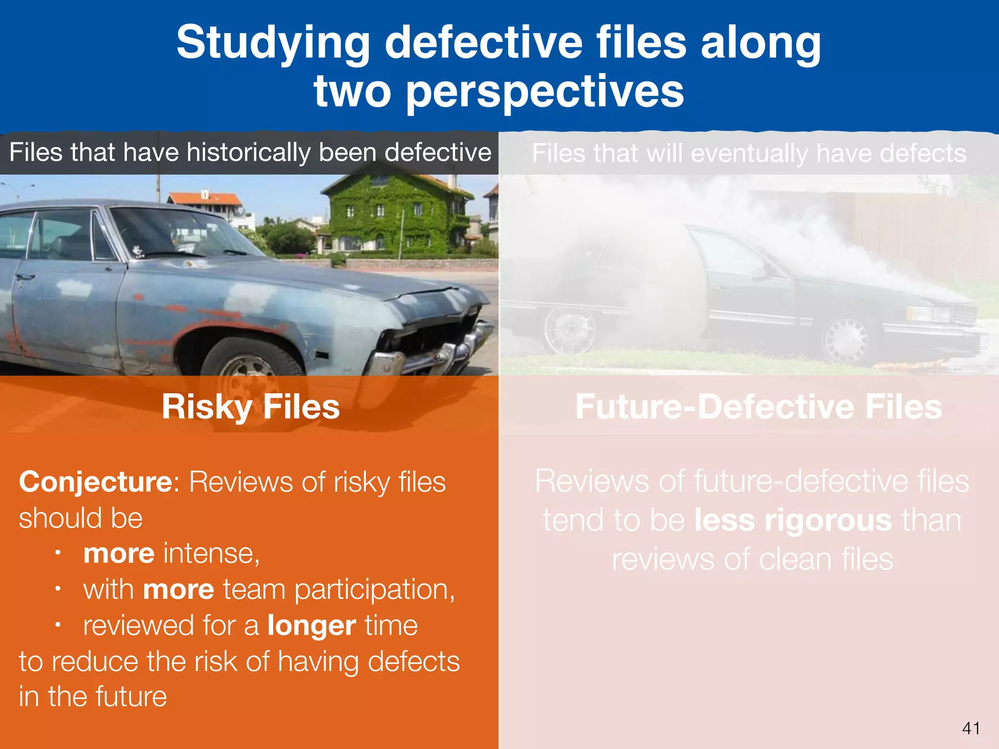 Defective
i.e., ﬁles that have defects
Past
FutureFuture-Defective Files
Files that will eventually have defects
Reviews of future-defective ﬁles
tend to be less rigorous than
reviews of clean ﬁles
Risky Files
Files that have historically been defective
Conjecture: Reviews of risky ﬁles
should be
• more intense,
• with more team participation,
• reviewed for a longer time
to reduce the risk of having defects
in the future
Studying defective ﬁles along
two perspectives
41
 