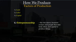 Factors of Production
How We Produce:
1.) Land
2.) Labor
3.) Capital
4.) Entrepreneurship – the risk takers, business
owners and people that take
land, labor, and capital to
produce things.
 