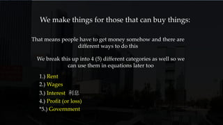 We make things for those that can buy things:
That means people have to get money somehow and there are
different ways to do this
We break this up into 4 (5) different categories as well so we
can use them in equations later too
1.) Rent
3.) Interest 利息
2.) Wages
*5.) Government
4.) Profit (or loss)
 
