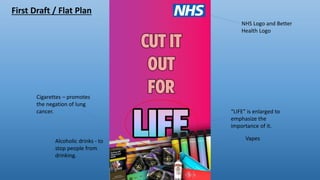 First Draft / Flat Plan
Vapes
Alcoholic drinks - to
stop people from
drinking.
NHS Logo and Better
Health Logo
Cigarettes – promotes
the negation of lung
cancer. “LIFE” is enlarged to
emphasize the
importance of it.
 
