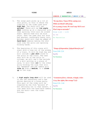 VIDEO                                        AUDIO

                                           LYRICS / NARRATION / MUSIC / FX

3.   The songs pace picks up a lot at      “So stay there, 'Cause I'll be coming over,
     this point, so this is where the
     lighting of the video goes more       While our blood's still young
     high key. The shots will get          It's so young, it runs, We won't stop 'til it's over
     quicker. There will be low angle
     shot looking up at a character with   Won't stop to surrender”
     them spinning (this will be slowed    From 1:22 – 1:55
     down). Behind them will be blue
     skies. Then the same shot but with    No FX
     bad weather, preferably heavy rain.   No Narration
     Quicker shots will then be added of
     hand-held cameras making the shot
     look like the girls are spinning
     holding hands.

4.   The beginning of this scene will      “Songs of desperation, I played them for you”
     start with a view out of the window
     of a train. It will be high key and   From 2:00- 2:24
     will include a pan shot round to      No FX
     the girls on the train. The next
     shot will be of the girls in          No Narration
     college, we will see a few seconds
     of a girl writing on a piece of
     card, it will then cut to the other
     girls holding the sign that will
     say “weekend” and the camera will
     zoom in from a medium, to a close
     up on the sign.



5.   A high angle long shot will be used   “A moment of love, A dream, A laugh, A kiss
     to see the characters and a few
     extras dancing at a house party.      A cry, Our rights, Our wrongs” (x2)
     This part of the video will be        From 2:24- 2:44
     inspired by the film “project X”
     but obviously not to that extent. I   No FX
     just mean with the hand held camera   No Narration
     and the music over the video
     footage.
 