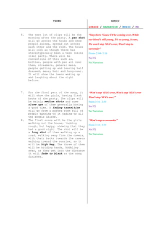 VIDEO                                        AUDIO

                                           LYRICS / NARRATION / MUSIC / FX

6.   The next lot of clips will be the     “Stay there 'Cause I'll be coming over, While
     morning after the party. A pan shot
     will go across the house and show     our blood's still young, It's so young, it runs,
     people asleep, spread out across      We won't stop 'til it's over, Won't stop to
     each other and the room. The house
     will look as though there has         surrender”
     stereotypically been a teen (skins    From- 2:44- 3:16
     like) party. There will be
     conventions of this such as,          No FX
     bottles, people with pen all over     No Narration
     them, streamers, general mess,
     people getting up and leaving half
     dressed, messy hair and hung-over.
     It will show the teens waking up
     and laughing about the night
     before.



7.   For the final part of the song, it    “Won't stop 'til it's over, Won't stop 'til it's over
     will show the girls, having flash
     backs of the party. The clips will    Won't stop 'til it's over,”
     be mainly medium shots and some       From 3:16- 3:55
     close ups of them generally having
     a good time. A fading transition      No FX
     will go from a packed room full of    No Narration
     people dancing to it fading to all
     the people asleep.
8.   The final scene will be the girls     “Won't stop to surrender”
     walking out the house, looking
     rough, but happy, showing that they   From 3:33- 3:55
     had a good night. The shot will be    No FX
     a long shot of them walking up a
     road, walking away from the camera,   No Narration
     with their backs towards the camera
     walking toward the sunrise, so it
     will be high key. The three of them
     will be holding hands, hobbling
     away, as they get into the distance
     it will fade to black as the song
     finishes.
 