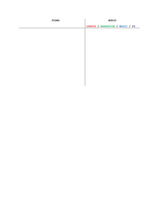 VIDEO                AUDIO

        LYRICS / NARRATION / MUSIC / FX
 