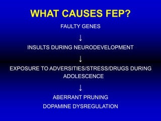WHAT CAUSES FEP?
FAULTY GENES
↓
INSULTS DURING NEURODEVELOPMENT
↓
EXPOSURE TO ADVERSITIES/STRESS/DRUGS DURING
ADOLESCENCE
↓
ABERRANT PRUNING
DOPAMINE DYSREGULATION
 