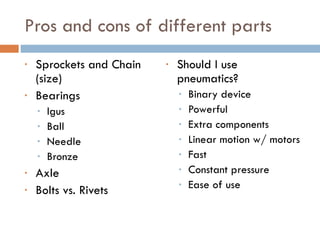 Pros and cons of different parts Sprockets and Chain (size) Bearings Igus Ball Needle Bronze Axle Bolts vs. Rivets Should I use pneumatics? Binary device Powerful Extra components Linear motion w/ motors Fast Constant pressure Ease of use 