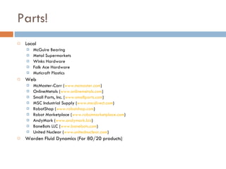 Parts! Local McGuire Bearing Metal Supermarkets Winks Hardware Falk Ace Hardware Muticraft Plastics Web McMaster-Carr ( www.mcmaster.com ) OnlineMetals ( www.onlinemetals.com ) Small Parts, Inc. ( www.smallparts.com ) MSC Industrial Supply ( www.mscdirect.com ) RobotShop ( www.robotshop.com ) Robot Marketplace ( www.robotmarketplace.com ) AndyMark ( www.andymark.biz ) BaneBots LLC ( www.banebots.com ) United Nuclear ( www.unitednuclear.com ) Warden Fluid Dynamics (For 80/20 products) 