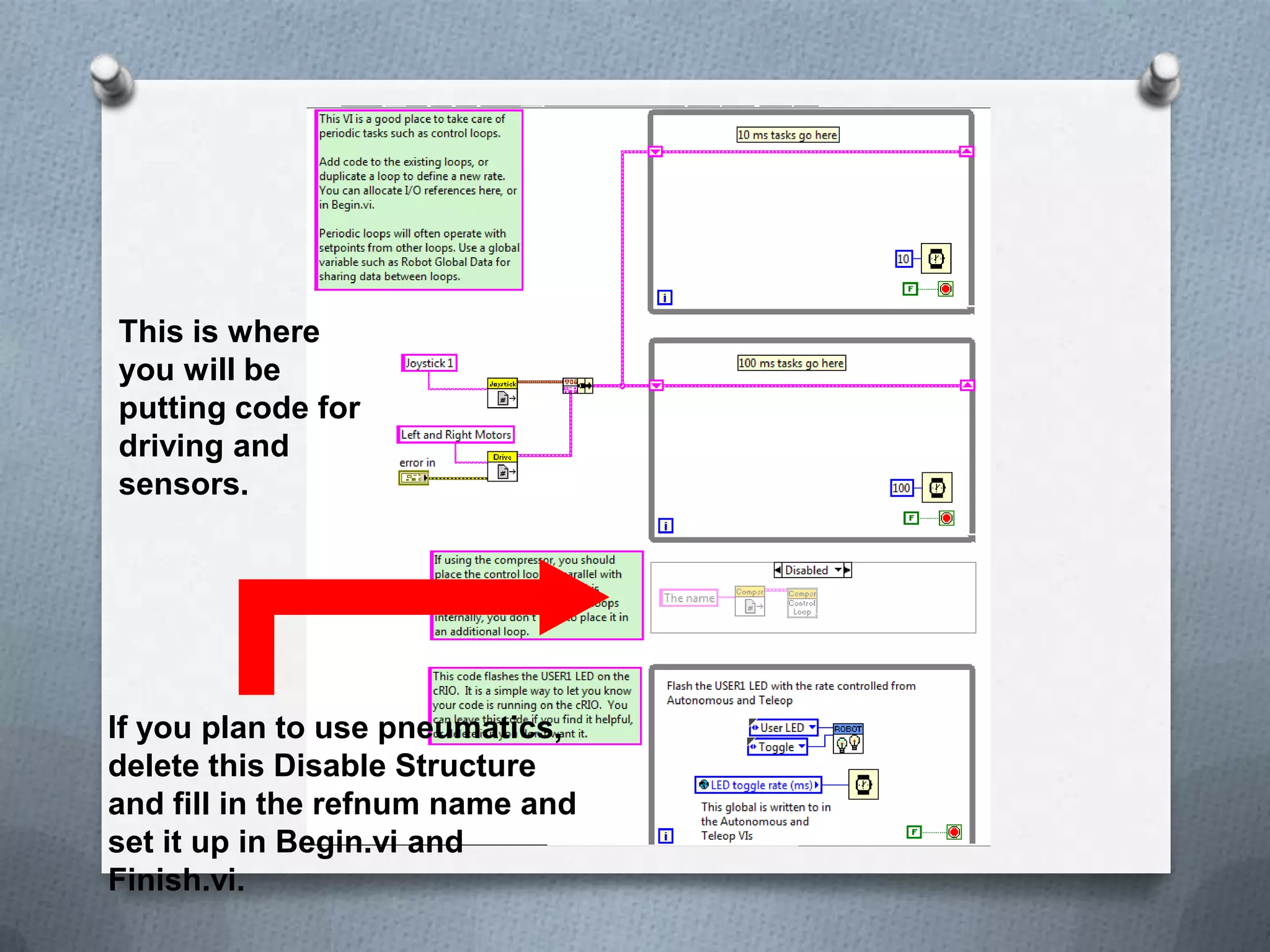 This is where
you will be
putting code for
driving and
sensors.

If you plan to use pneumatics,
delete this Disable Structure
and fill in the refnum name and
set it up in Begin.vi and
Finish.vi.

 