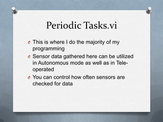 Periodic Tasks.vi
O This is where I do the majority of my

programming
O Sensor data gathered here can be utilized
in Autonomous mode as well as in Teleoperated
O You can control how often sensors are
checked for data

 