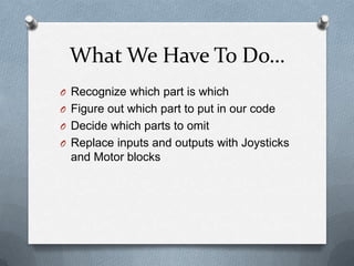 What We Have To Do…
O Recognize which part is which
O Figure out which part to put in our code
O Decide which parts to omit
O Replace inputs and outputs with Joysticks

and Motor blocks

 