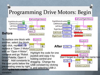 Programming Drive Motors: Begin

Before

To replace one block with
another, select the block,
right click, replace. To
After
replace a “Open 2 Motor”
with an “Open 4 Motor”,
Highlight the code for one
continue and go “Robot
joystick and copy it by
Don’t forget to change the name too!
Drive Palette, Open 4
holding control and
Motor”. Add constants to
dragging. Change the
the open ports below the
USB constant by clicking
pre-existing ones by right
it, and selecting USB 2.
clicking the hub, create,
constant.

 