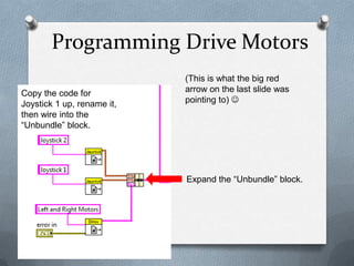 Programming Drive Motors
Copy the code for
Joystick 1 up, rename it,
then wire into the
“Unbundle” block.

(This is what the big red
arrow on the last slide was
pointing to) 

Expand the “Unbundle” block.

 