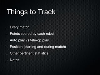 Things to Track
• 

Every match

• 

Points scored by each robot

• 

Auto play vs tele-op play

• 

Position (starting and during match)

• 

Other pertinent statistics

• 

Notes

 